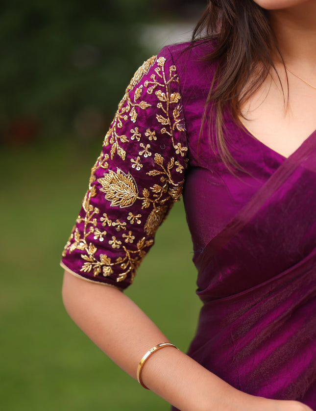 Shiny purple party wear with heavy work blouse saree