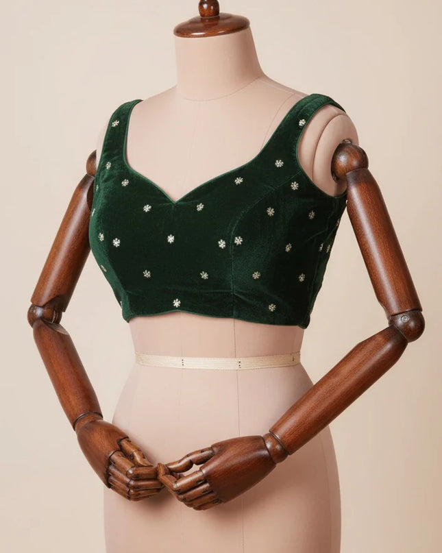 Mehandi green velvet sleeveless blouse