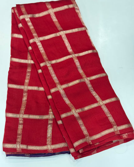 Red soft tussar crepe checks  saree ST104