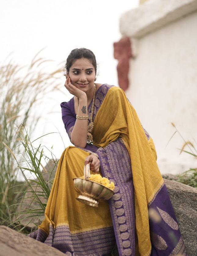 Abhisaarike Light yellow n purple soft semi Tussar saree