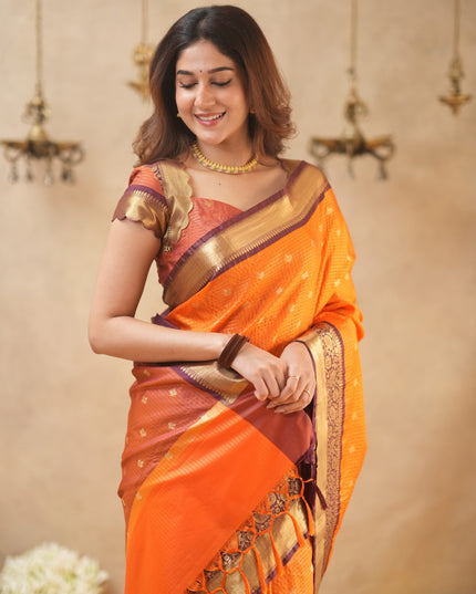 Rabiya Orange with maroon semi kanchi 102 silk saree