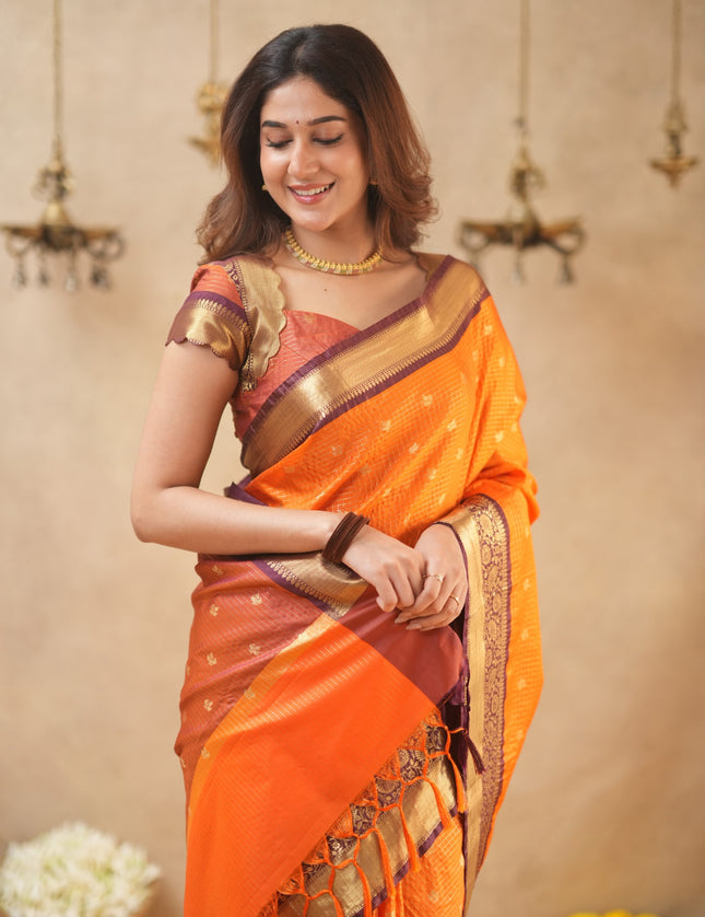 Rabiya Orange with maroon semi kanchi 102 silk saree