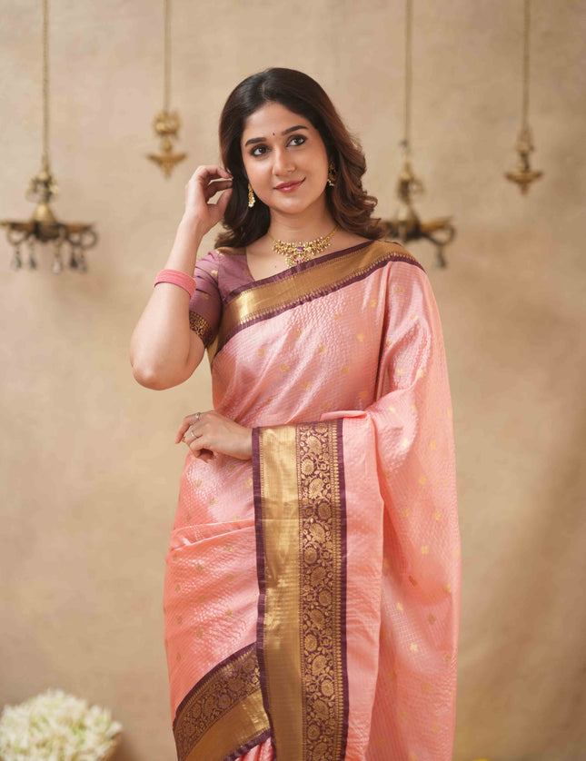 Rabiya pink with maroon semi kanchi 102 silk saree