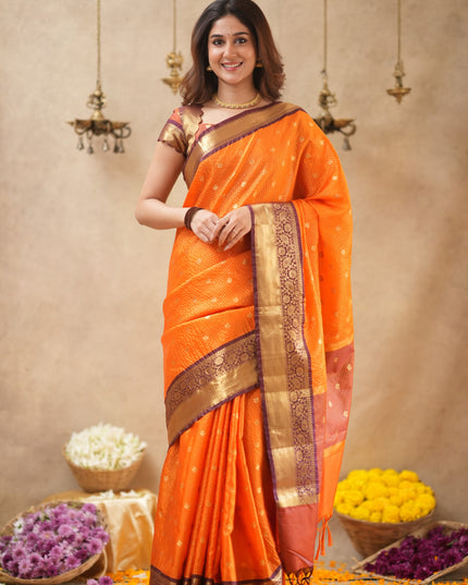 Rabiya Orange with maroon semi kanchi 102 silk saree