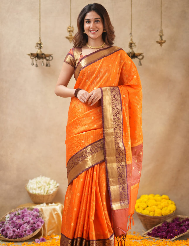 Rabiya Orange with maroon semi kanchi 102 silk saree