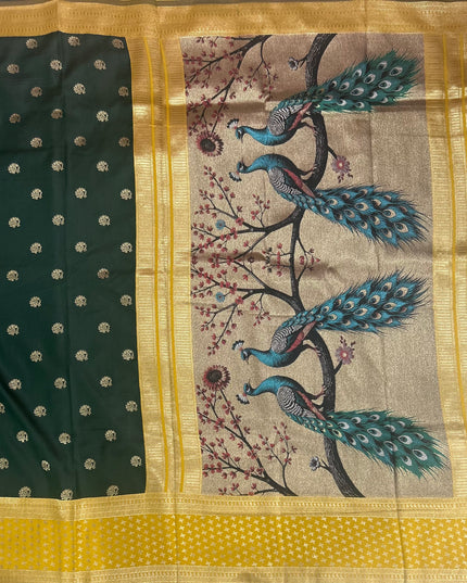 Rabiya Bottle green n mustard yellow Soft-10 silk saree