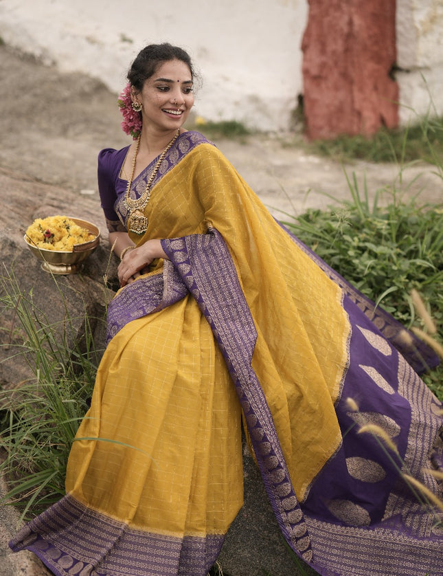 Abhisaarike Light yellow n purple soft semi Tussar saree