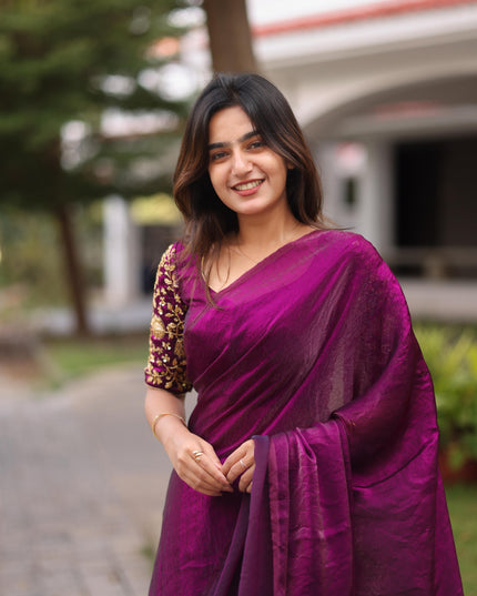 Shiny purple party wear with heavy work blouse saree