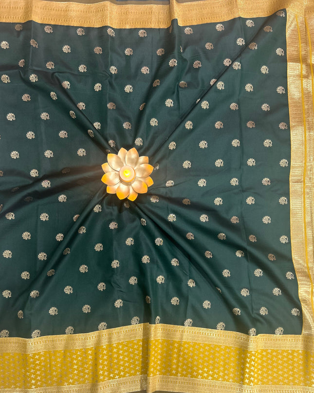 Rabiya Bottle green n mustard yellow Soft-10 silk saree