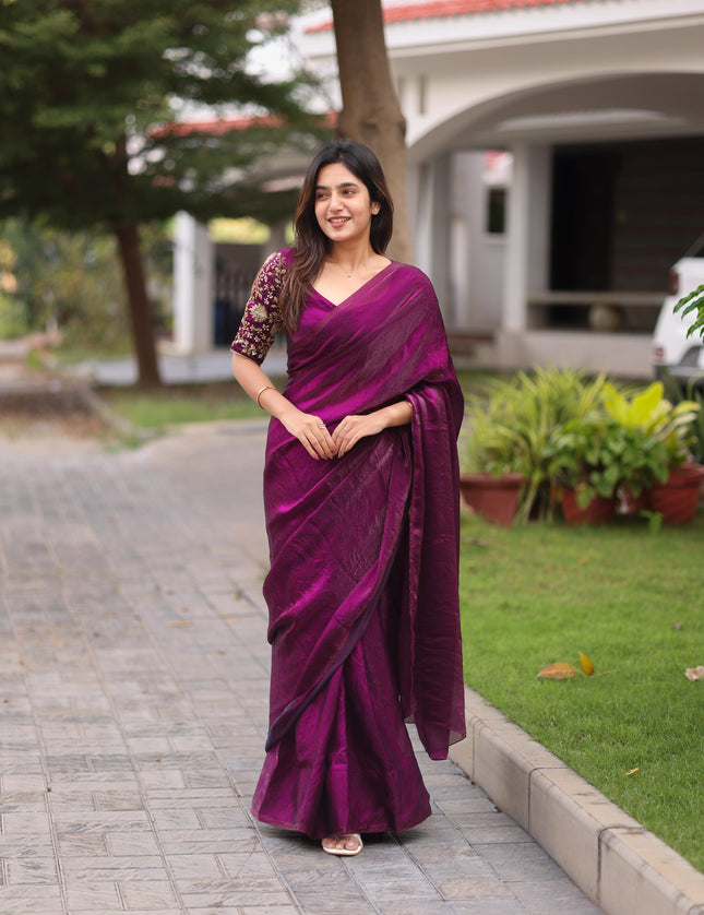 Shiny purple party wear with heavy work blouse saree