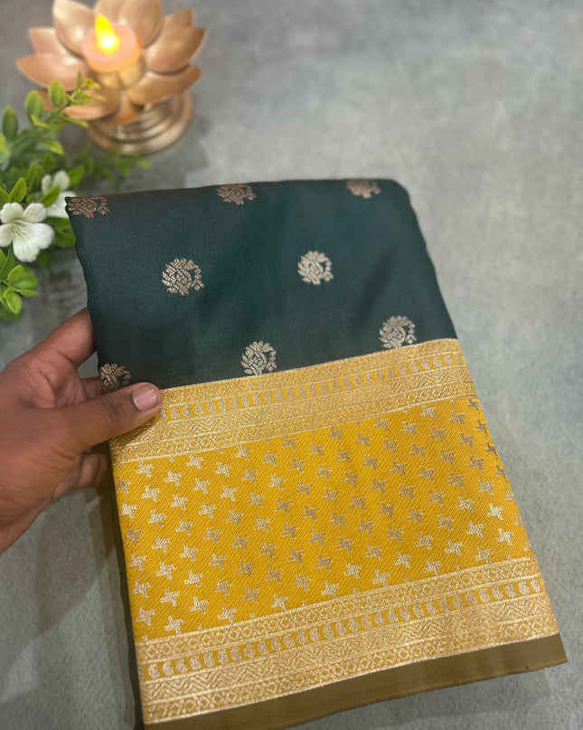 Rabiya Bottle green n mustard yellow Soft-10 silk saree