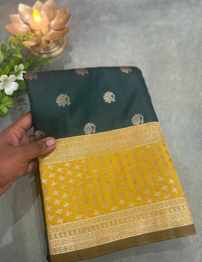 Rabiya Bottle green n mustard yellow Soft-10 silk saree
