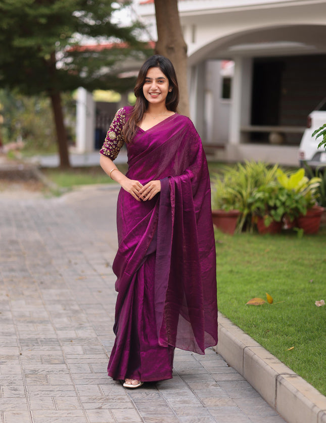 Shiny purple party wear with heavy work blouse saree