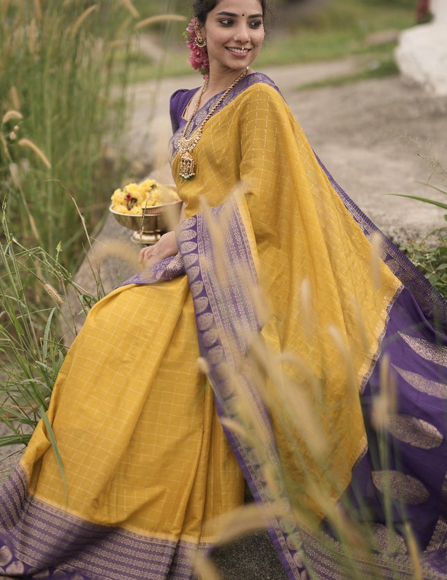 Abhisaarike Light yellow n purple soft semi Tussar saree