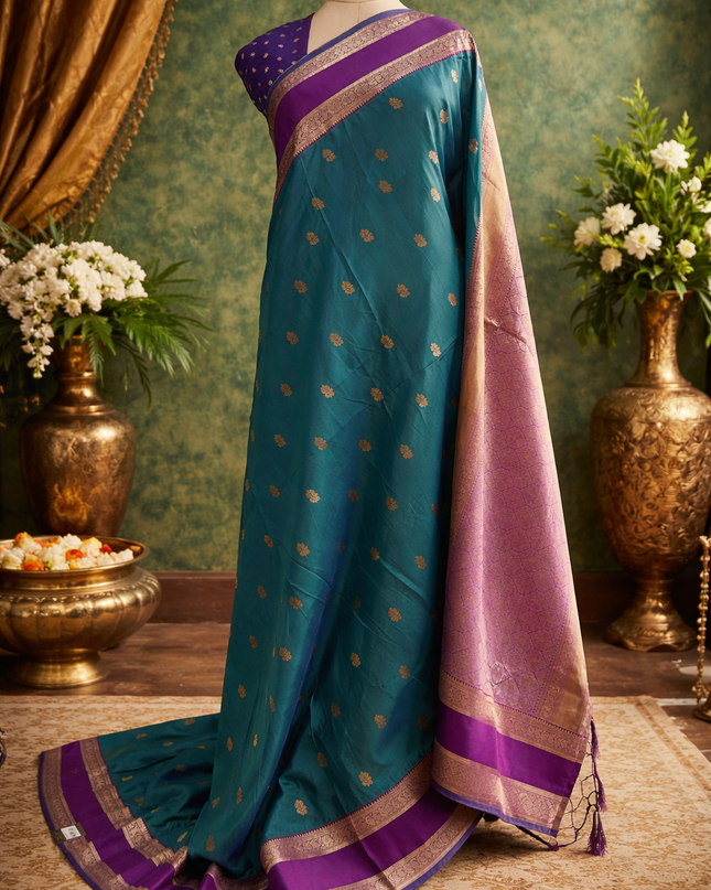 peacock green n purple small butta kanchi silk saree