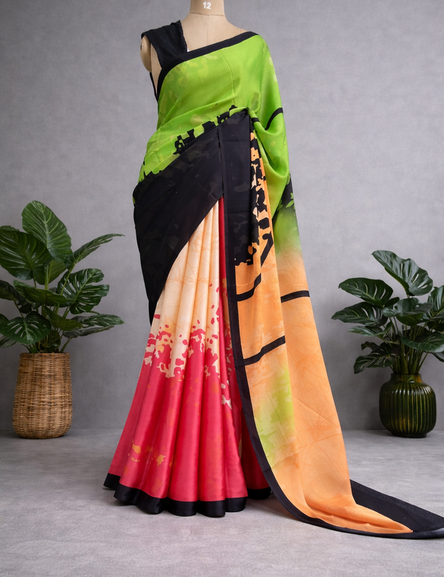 Black n multicolour satin crepe saree