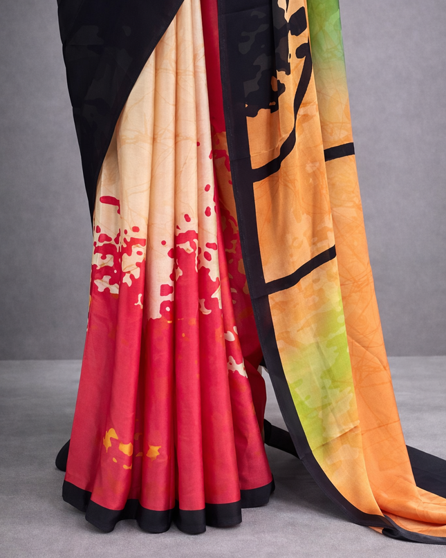 Black n multicolour satin crepe saree