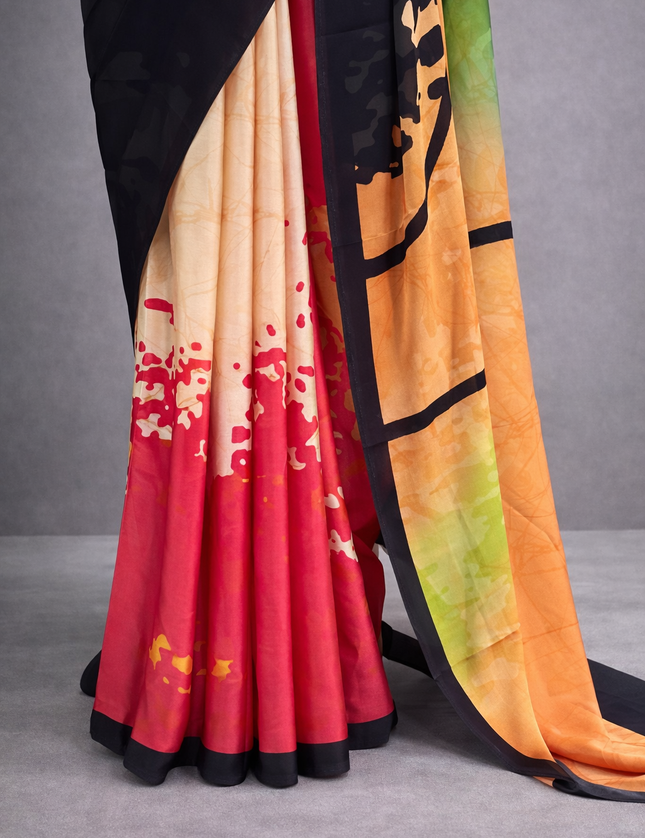 Black n multicolour satin crepe saree