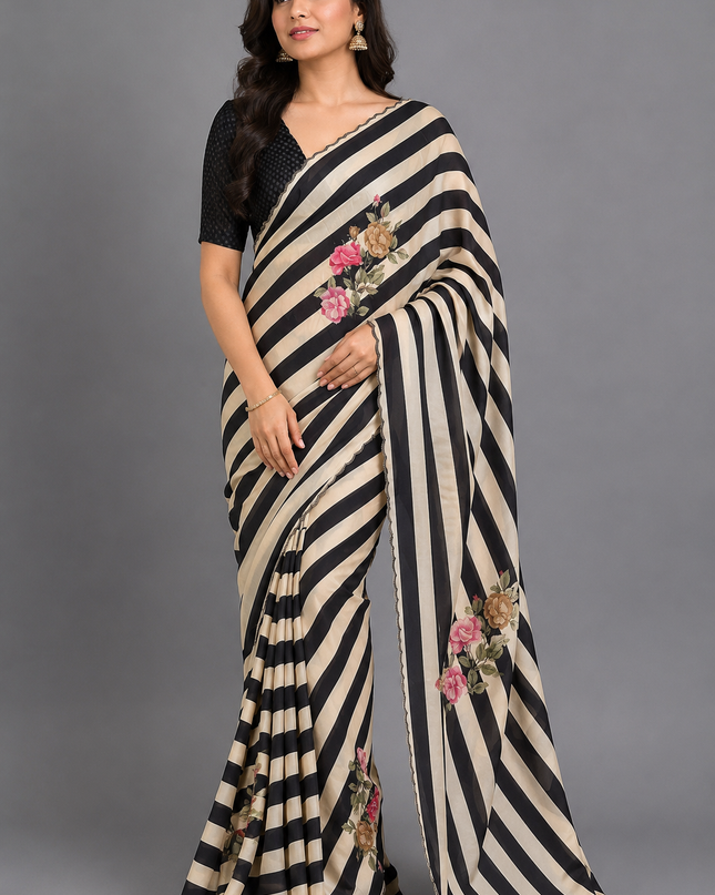 Cream n Black Digital Print Satin Party Wear Saree 107