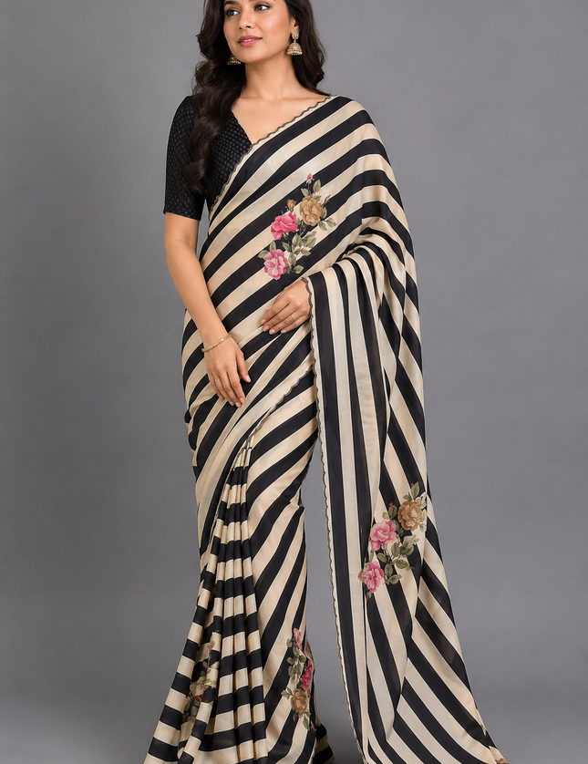 Cream n Black Digital Print Satin Party Wear Saree 107