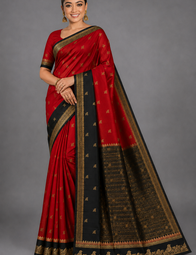 Rashmika Mandanna Red n Black Semi Silk Saree RM107