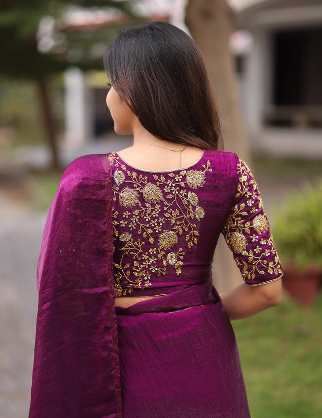 Shiny purple party wear with heavy work blouse saree