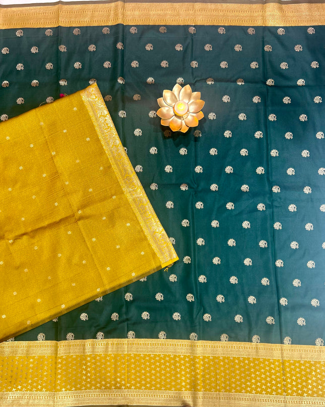 Rabiya Bottle green n mustard yellow Soft-10 silk saree