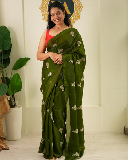 Mehendi green satin crepe party wear saree