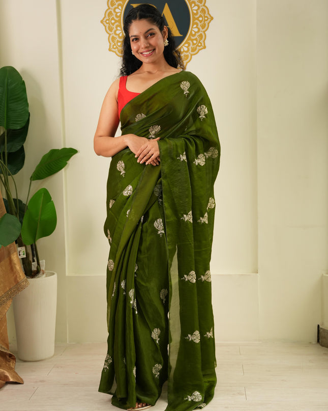 Mehendi green satin crepe party wear saree