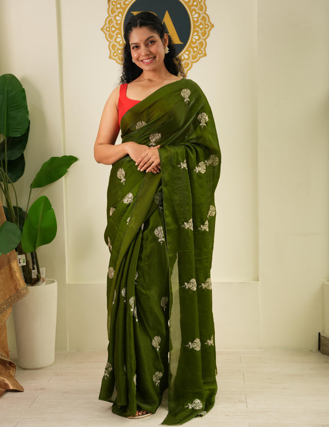 Mehendi green satin crepe party wear saree
