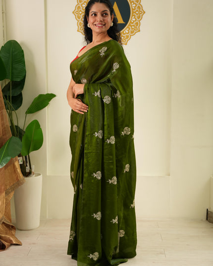 Mehendi green satin crepe party wear saree