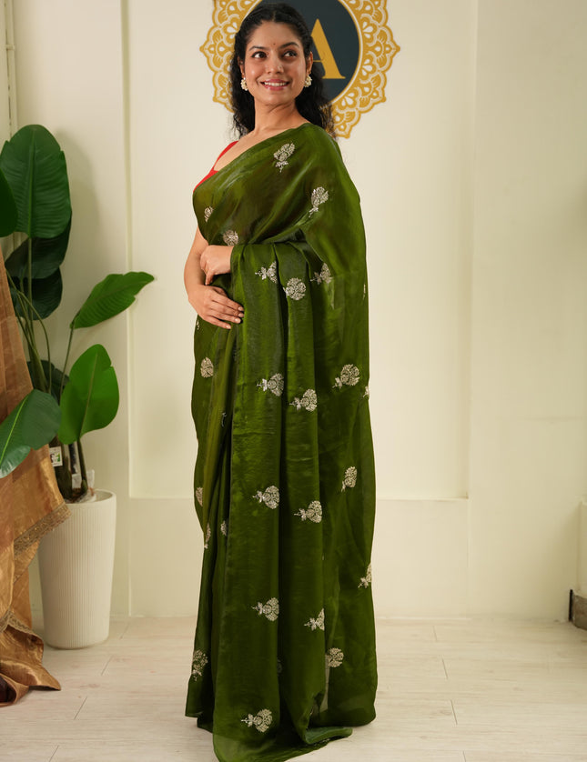 Mehendi green satin crepe party wear saree