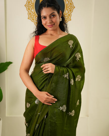 Mehendi green satin crepe party wear saree