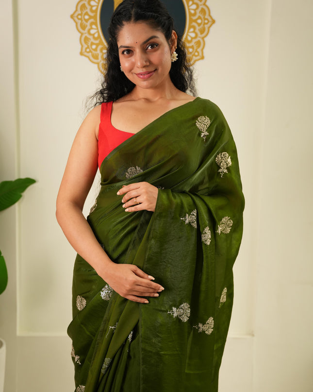 Mehendi green satin crepe party wear saree