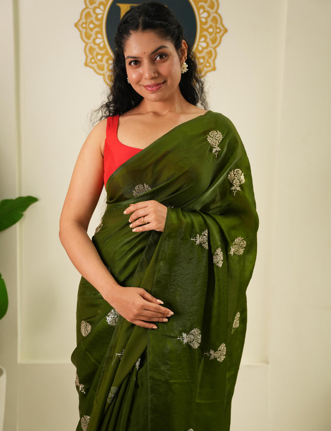 Mehendi green satin crepe party wear saree