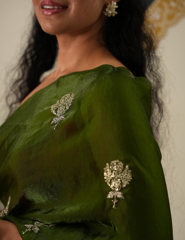 Mehendi green satin crepe party wear saree