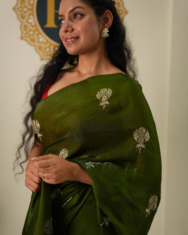 Mehendi green satin crepe party wear saree