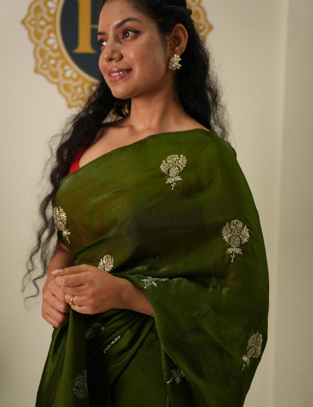 Mehendi green satin crepe party wear saree