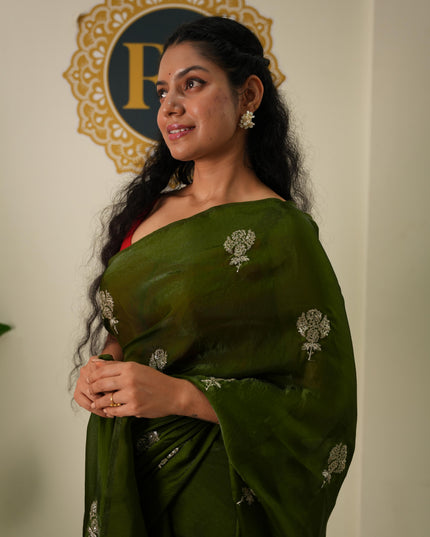 Mehendi green satin crepe party wear saree