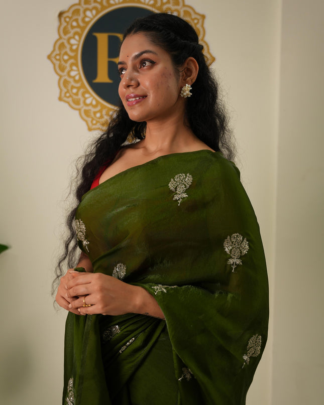 Mehendi green satin crepe party wear saree