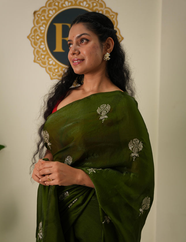 Mehendi green satin crepe party wear saree