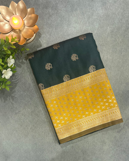 Rabiya Bottle green n mustard yellow Soft-10 silk saree