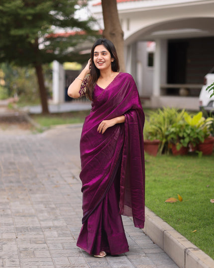 Shiny purple party wear with heavy work blouse saree