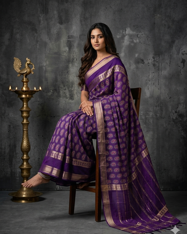 Purple bentex border semi mysore silk  saree BMS105