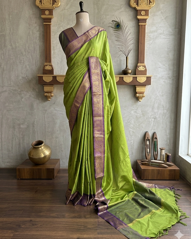 Parrot green small border kanchi 104 silk saree