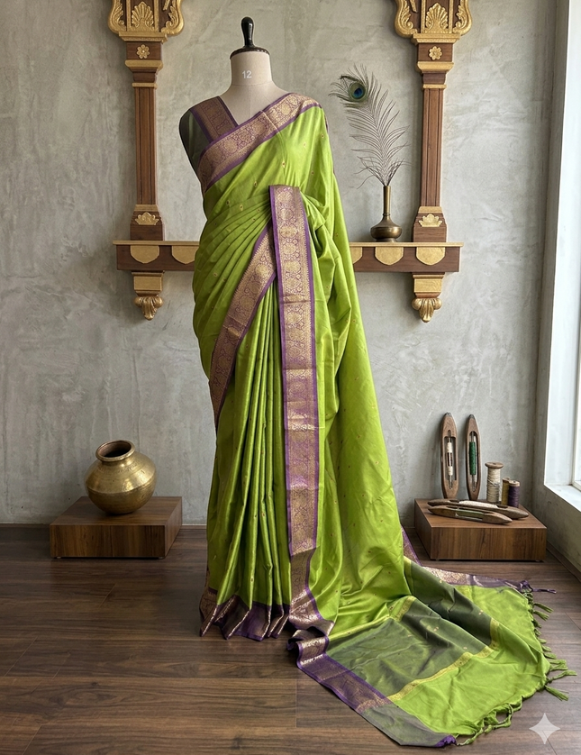 Parrot green small border kanchi 104 silk saree