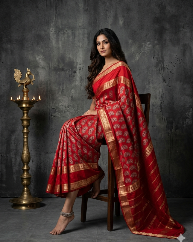 Red bentex border semi mysore silk BMS105