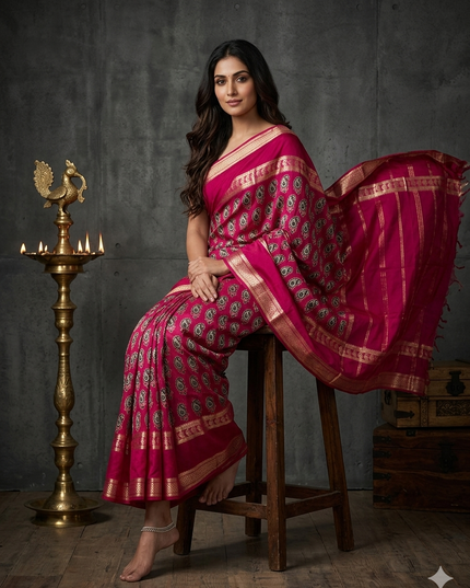 Pink bentex border semi mysore silk saree BMS105