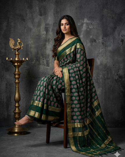 Bottle green  bentex border semi mysore silk saree BMS105