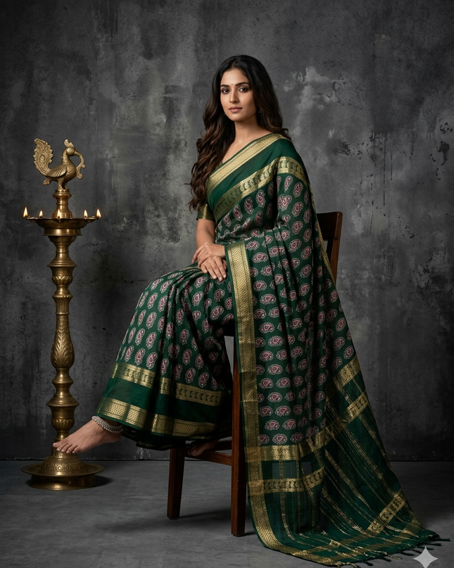 Bottle green  bentex border semi mysore silk saree BMS105